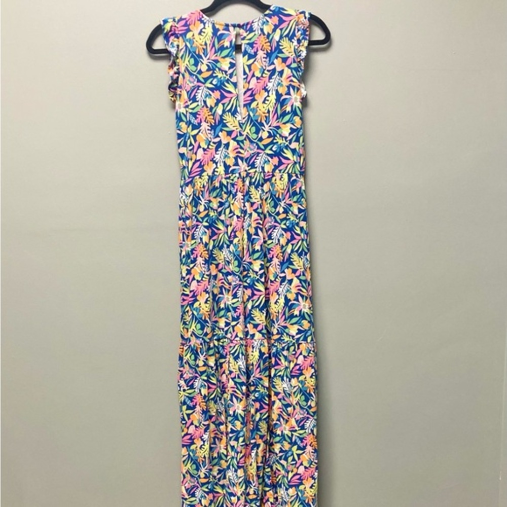 LOFT Beach Womens Small Blue Tropical Floral Ruffle Tiered Maxi Dress Jersey - Picture 2 of 5